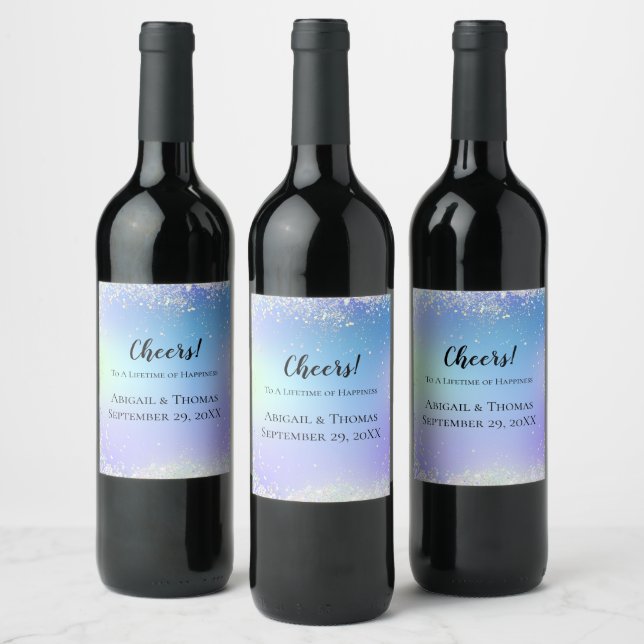 Personalised Glitter Blue Purple Wedding Wine Label (Bottles)