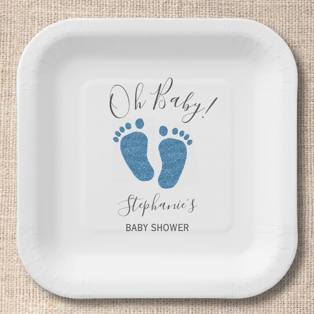 Personalised Glitter Feet Blue Baby Shower Square Paper Plate (Creator Uploaded)
