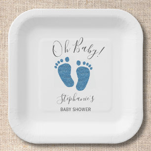 Personalised Glitter Feet Blue Baby Shower Square Paper Plate