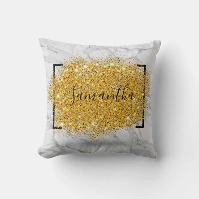 Personalised Glitter Marble Gold Cushion (Front)