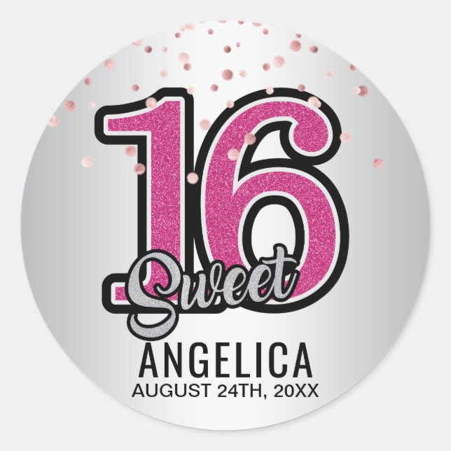 Personalised Glitter Pink Gold Sweet SIXTEEN 16 Classic Round Sticker (Front)