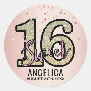 Personalised Glitter Rose Gold Sweet SIXTEEN 16 Classic Round Sticker