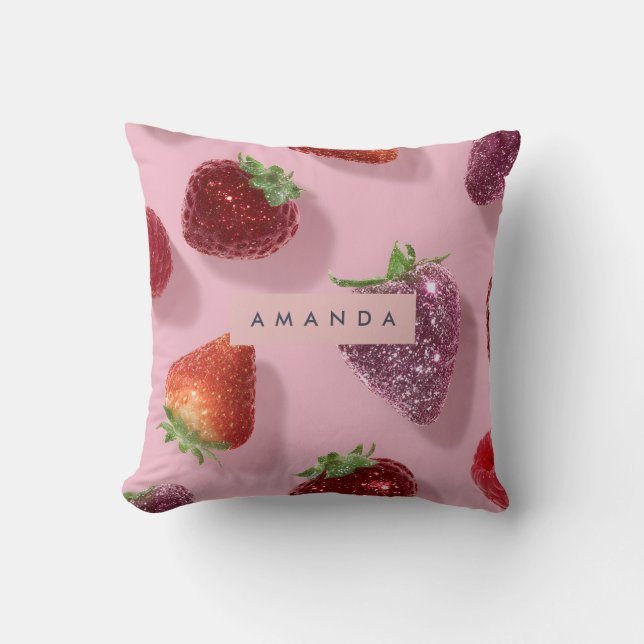 Personalised Glitter Strawberry & Raspberry  Cushion (Front)