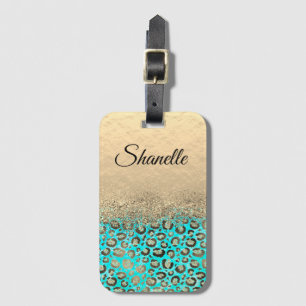 Personalised Glittery Turquoise Leopard Luggage Tag