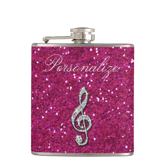 Personalised Glitzy Sparkly Diamond Music Note Hip Flask (Front)