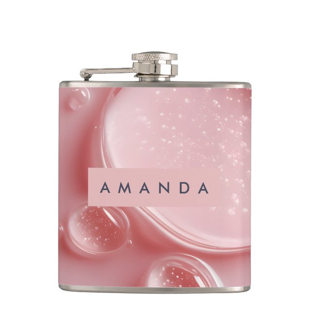 Personalised Glossy Blush Pink Water Droplets  Hip Flask (Front)