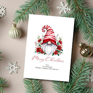 Personalised Gnome Poinsettia Red White Christmas Holiday Card