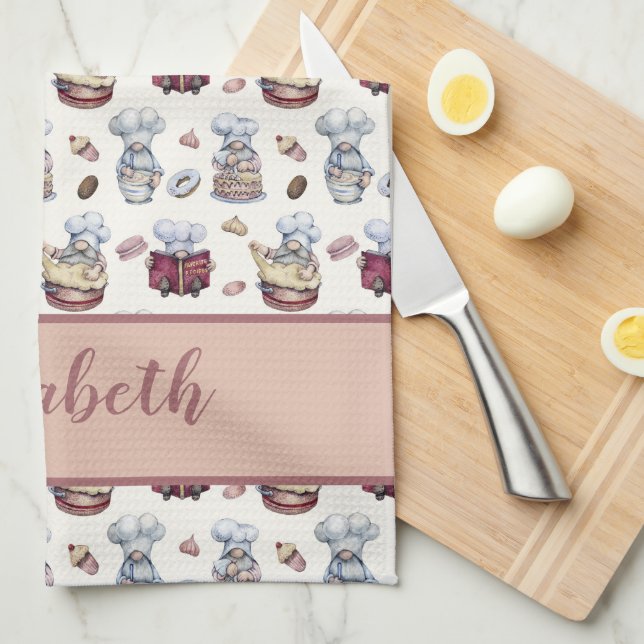 Personalised Gnomes Baking Cupcakes Doughnuts Tren Tea Towel (Quarter Fold)