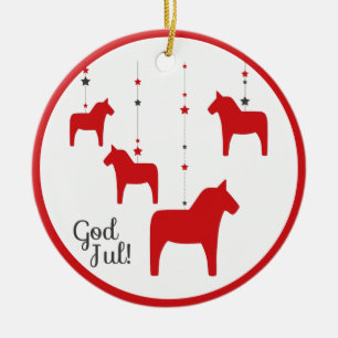 Personalised God jul! Christmas Dala Horse Ceramic Tree Decoration