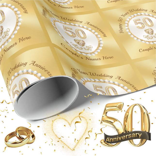 Personalised Gold, 50th Anniversary Wrapping Paper (50th Anniversary Wrapping Paper. Personalized 50th Wedding Anniversary Gift Wrap. Golden Anniversary)