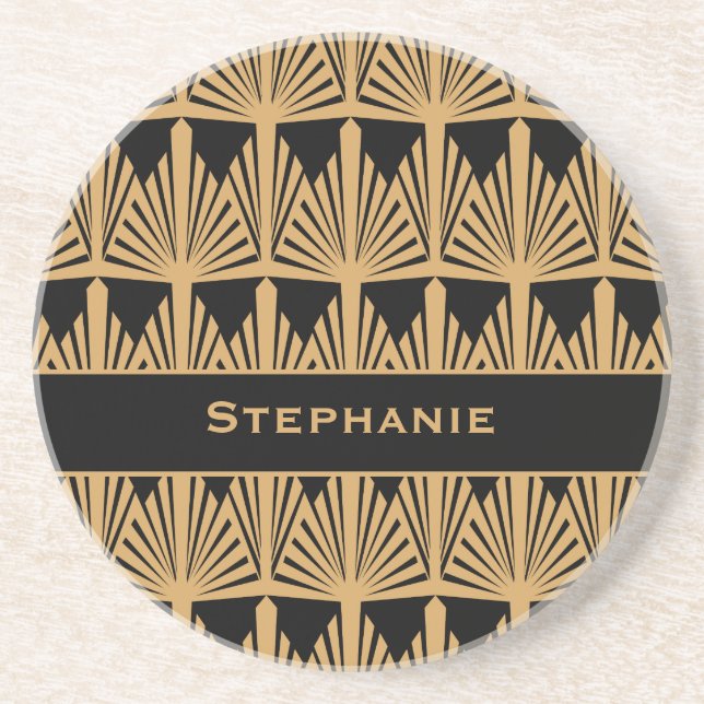 Personalised Gold and Black Art Deco Pattern Coaster (Front)