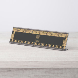 Personalised Gold and Black Art Deco Pattern Desk Name Plate