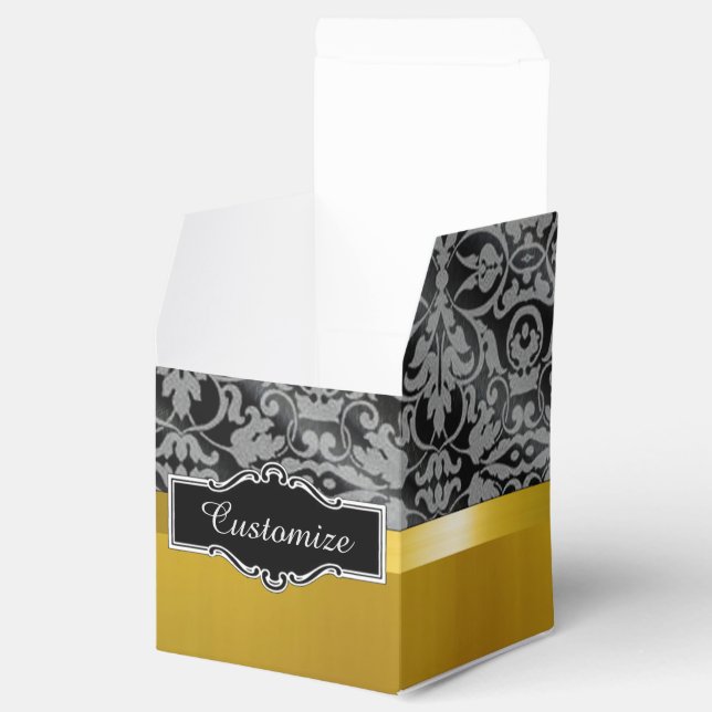 Personalised Gold and Black Damask Cube Favour Box (Opened)
