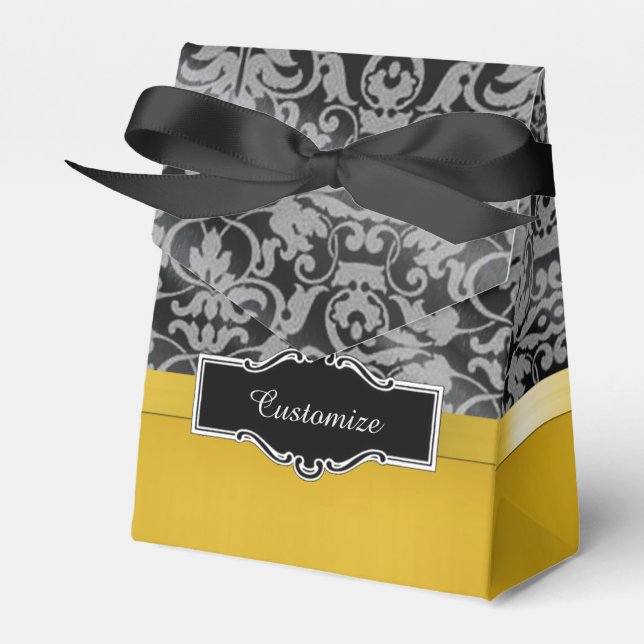 Personalised Gold and Black Damask Tent Favour Box (Front Side)