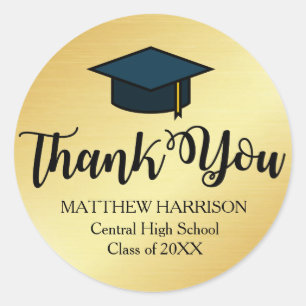 Personalised Gold and Black Thank You Graduation Classic Round Sticker