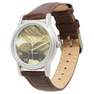 Personalised gold and brown leather women's luxury watch