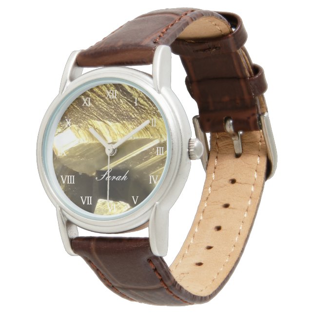 Personalised gold and brown leather women's luxury watch (Angled)