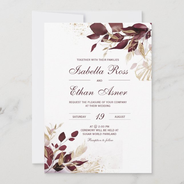 Personalised  Gold and Burgundy Wedding Invitation (Front)