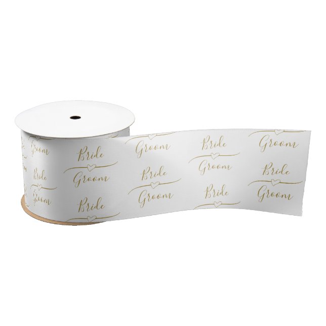 Personalised Gold and White Bride and Groom  Satin Ribbon (Spool)