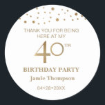 Personalised Gold and white theme 40th birthday Classic Round Sticker<br><div class="desc">This sophisticated stickers celebrates the 40th milestone birthday. The text is fully customisable,  easily move things around as needed. Have fun and find the coordinating elements for this design from our store.  Use this sticker for giveaways or special gifts for your guests.</div>