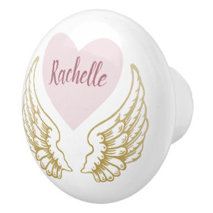 PERSONALISED GOLD ANGEL WINGS HEART CERAMIC KNOB