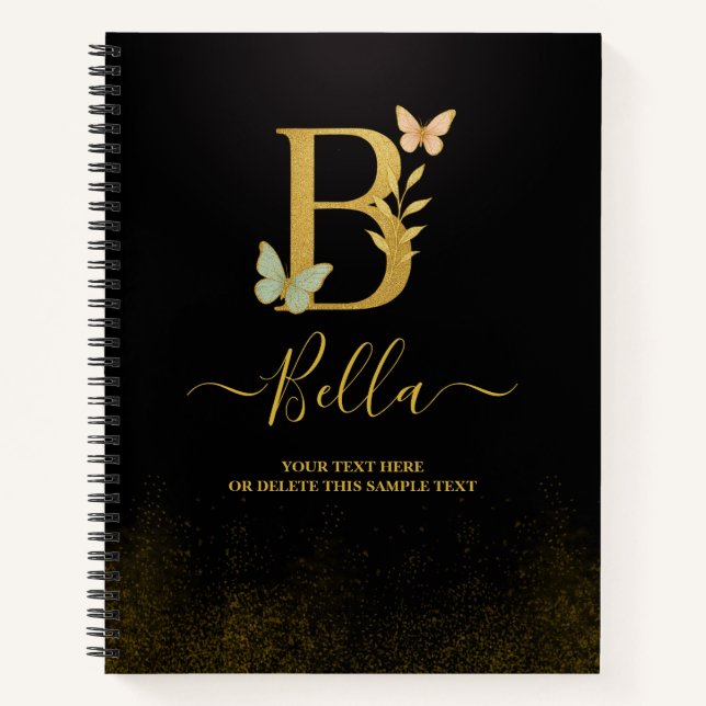 Personalised Gold B Notebook – Floral Monogram  (Front)