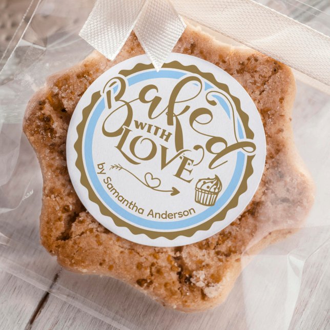 Personalised Gold Baked With Love Holiday Baking Classic Round Sticker (Creator Uploaded)