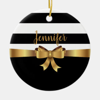Personalised Gold, Black Bold Stripes ELEGANT BOW Ceramic Tree Decoration