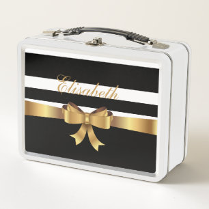Personalised Gold, Black Bold Stripes ELEGANT BOW Metal Lunch Box
