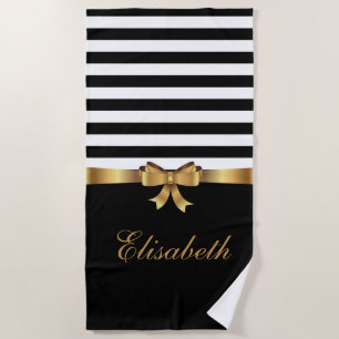 Personalised Gold, Black Bold Stripes Golden BOW Beach Towel