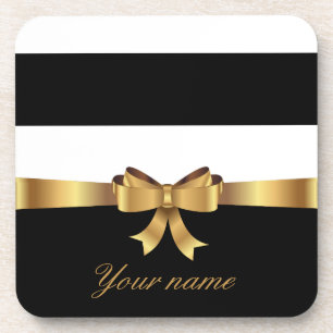 Personalised Gold, Black Bold Stripes Golden BOW Coaster