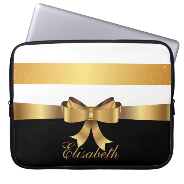 Personalised Gold, Black Bold Stripes Golden BOW Laptop Sleeve (Front)