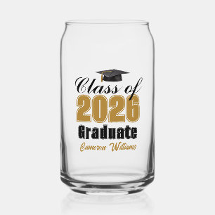 Personalised Gold Black Class of 2026 Graduation Can Glass