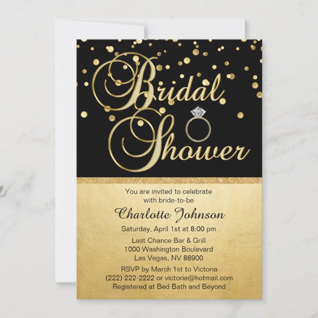 Personalised Gold Black Diamond Ring Bridal Shower Invitation (Front)