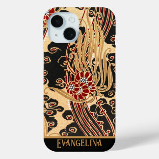 Personalised Gold & Black Floral Art Nouveau Print iPhone 15 Case