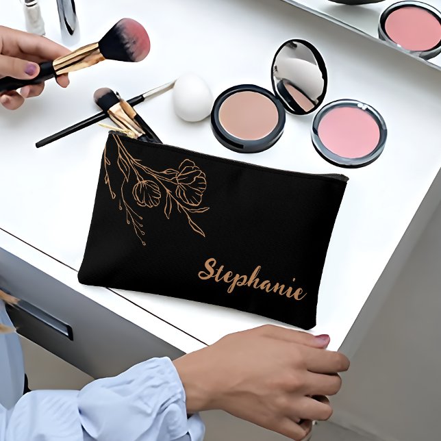 Personalised Gold Black Script Name Makeup Bag  (Elevate your bridal party's style with our bridesmaid gifts makeup bag for her!)