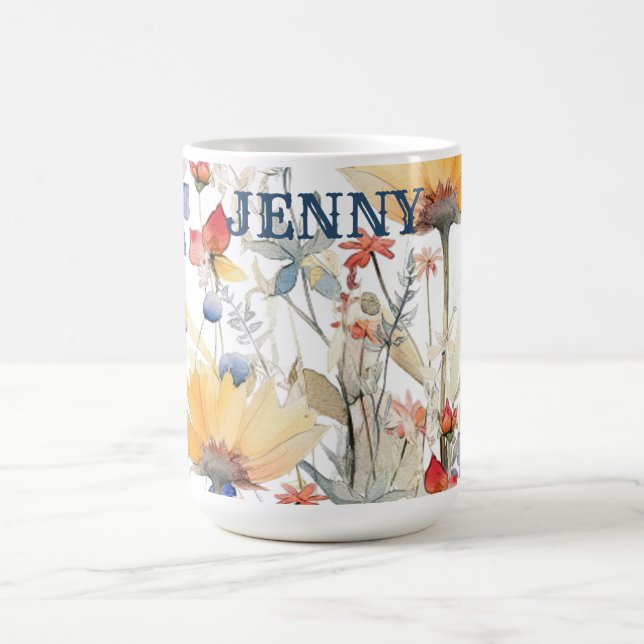 Personalised Gold Blue Boho Wildflowers Mug (Center)