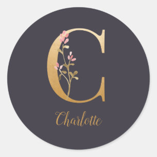 Personalised Gold Blue Elegant Floral Monogram C  Classic Round Sticker