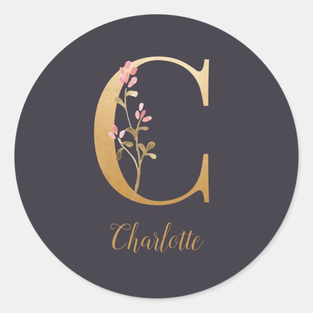 Personalised Gold Blue Elegant Floral Monogram C  Classic Round Sticker (Front)