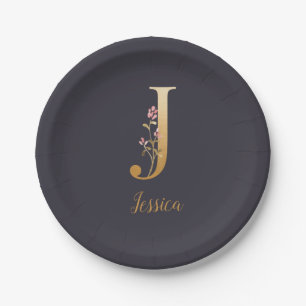 Personalised Gold Blue Elegant Floral Monogram J Paper Plate