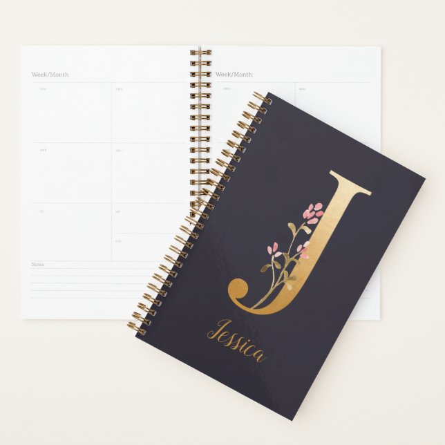 Personalised Gold Blue Elegant Floral Monogram J Planner (Display)