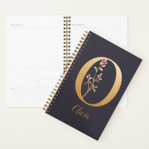 Personalised Gold Blue Elegant Floral Monogram O Planner