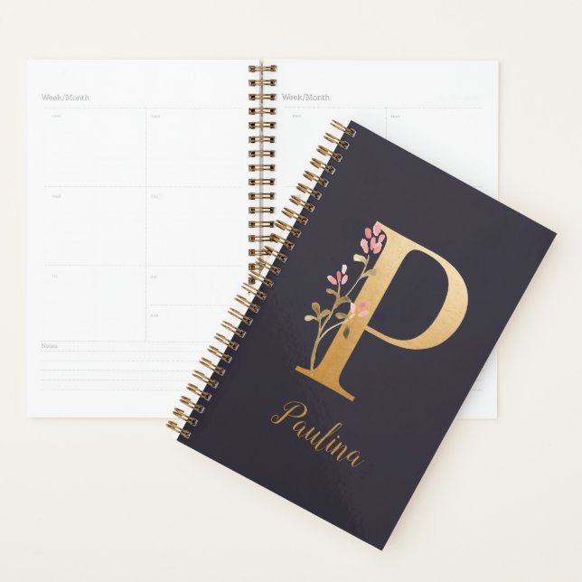 Personalised Gold Blue Elegant Floral Monogram P Planner (Display)