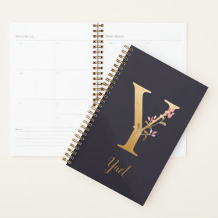 Personalised Gold Blue Elegant Floral Monogram Y Planner