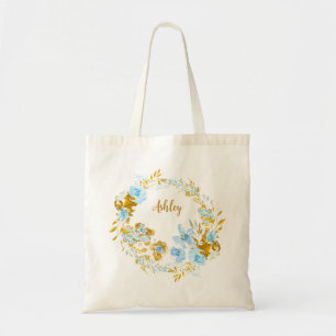 Personalised Gold & Blue Watercolor Floral Tote Bag