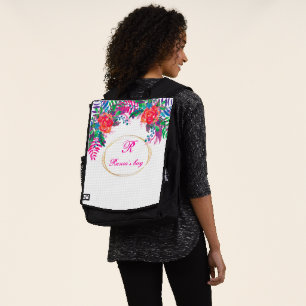 personalised gold border floral forest with inital backpack