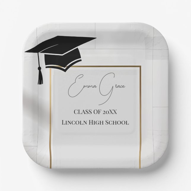 Personalised Gold Border Graduation Party Paper Plate (Front)