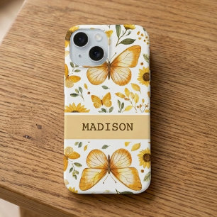 Personalised Gold Butterfly Watercolor Sunflower iPhone 16 Case