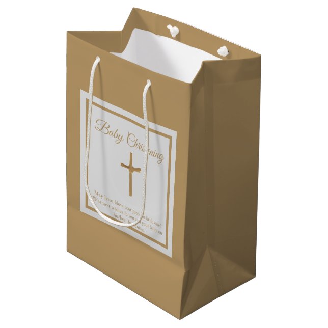 Personalised Gold Cross Baby Christening Baptism Medium Gift Bag (Front Angled)