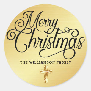 Personalised Gold Cross Merry Christmas Christian Classic Round Sticker
